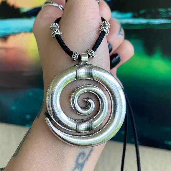Silver Spiral of life adjustable black suede cord choker or long necklace - Picture 8 of 11